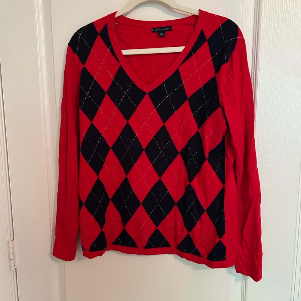Tommy Hilfiger Red and Black Argyle V-Neck Sweater